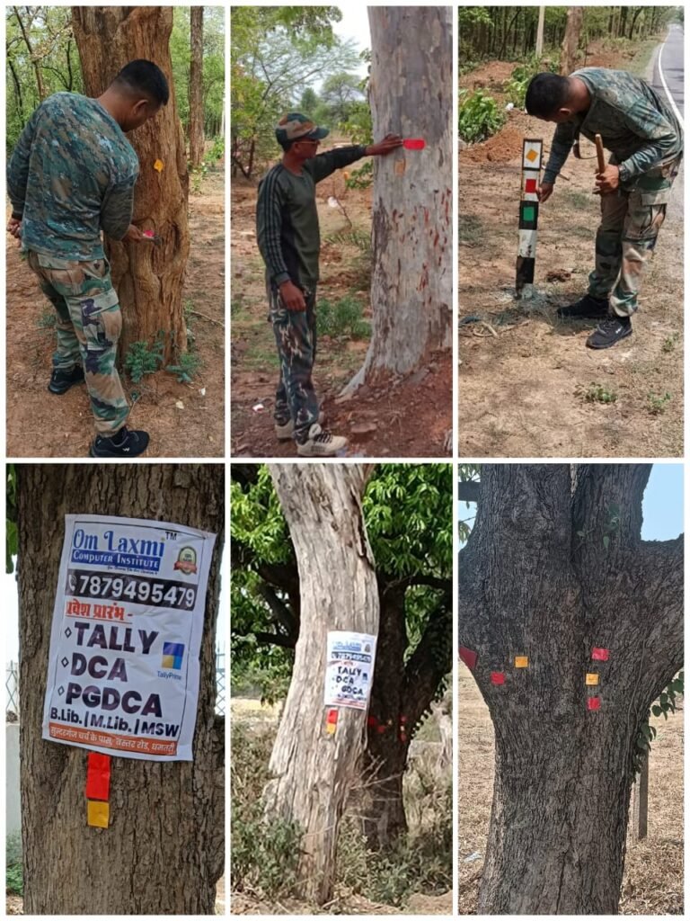 यातायात पुलिस द्वारा पेड़ व पुल-पुलिया के रेलिंग में लगाया जा रहा है रेडियम रेफ्लेक्टर टेप