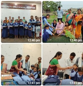 धमतरी के शासकीय श्रवण बाधितार्थ बालिका विद्यालय में आयोजित शाला प्रवेशोत्सव के दौरान नवप्रवेशी छात्राओं का स्वागत, शिक्षण सामग्री वितरण और वृक्षारोपण करते जनप्रतिनिधि, पालक एवं विद्यालय परिवार।
